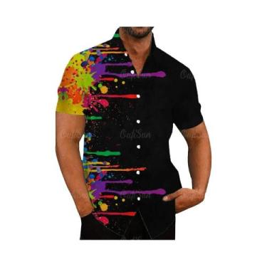 Imagem de Camisa Casual Vintage Havaiana Masculina Com Estampa Floral Arco-Íris 