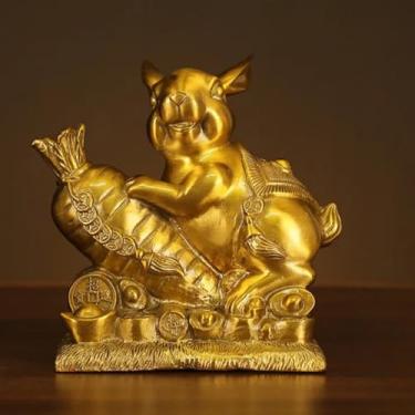 Imagem de FENNYYAR Zodíaco Yuanbao coelho mascote artesanato estátua de cobre, 16 cm 16 cm, decoração de casa ornamento de sala de estar