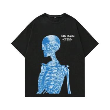 Imagem de Camiseta Feminina De Algodão Azul Com Estampa De Esqueleto, Verão, Sol