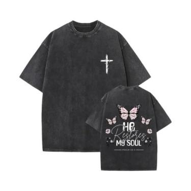 Imagem de Camiseta Vintage Oversized De Rock Gótico Jesus Perdoa-os Lavada Para 