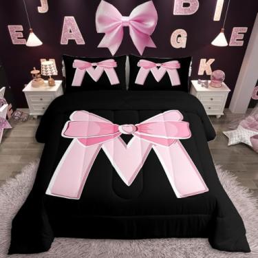 Imagem de jejeloiu Kawaii, conjunto de edredom com laço rosa, presente para mulheres adolescentes, tamanho casal, conjunto de cama personalizado com letra M, ultramacio, preto, rosa, monograma, edredom, moderno