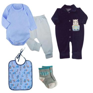 Imagem de Kit Roupa de Bebê 5 Peças Body Mijão Macacão Plush Quentinho - Koala B