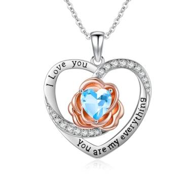 Imagem de Colar de coração rosa para mulheres, ouro rosa 14K, preenchido com pingente I Love You, aniversário, Natal, Dia dos Namorados, presentes para mulheres, esposa, filha, pedra do mês de nascimento com