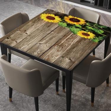 Imagem de ZYRALLAX Toalha de mesa quadrada de outono girassóis em tábua de madeira elástica com ajuste elástico para mesa quadrada 91 cm x 91 cm para ambientes internos ao ar livre, festa, jantar, casa