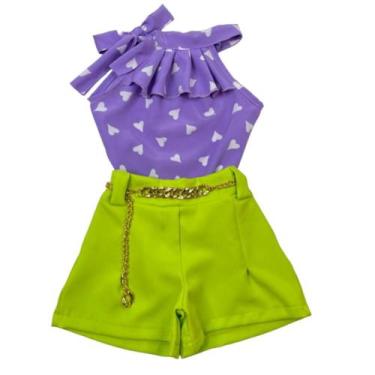 Imagem de Conjunto Infantil Meninas Blusa Babado E Short Alfaitaria Com Cinto - 
