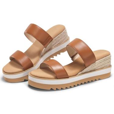 Imagem de Coutgo Sandálias femininas plataforma alpargatas salto plataforma confortável sem cadarço, bico aberto, sapatos de praia de verão, Marrom PU, 36