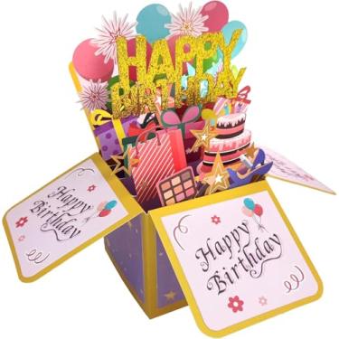 Imagem de 1 cartão pop-up de feliz aniversário, caixa de presente 3D para adultos, crianças, cartão de aniversário com envelopes e etiqueta de anotação, vela em bolo de aniversário, fogos de artifício, cartões