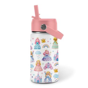 Imagem de Garrafa de água Princesses para filha, copo isolado de aço inoxidável com tampa e alça de palha, garrafa reutilizável à prova de vazamento de 350 ml para esportes