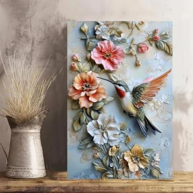 Imagem de Arte de parede em tela rústica vintage de cerâmica floral beija-flor - Pôster sem moldura de 30 x 45 cm - Ideia de presente para decoração de casa e escritório para sala de estar, quarto, cozinha e