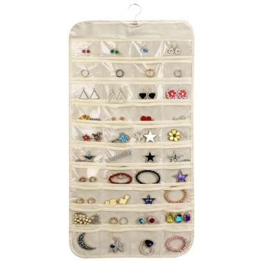 Imagem de Zorfeter Organizador de joias para pendurar, organizador de acessórios de 80 bolsos transparentes, armazenamento de dupla face para armários/casamentos, colares, anéis
