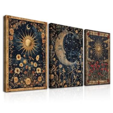 Imagem de Dazzlewall 3 peças emolduradas vintage boho gótico conjunto de arte de parede, cartas de tarô sol e lua estampas florais misteriosas ocultas em tela para quarto decoração de sala de estar 30,5 x 40,6
