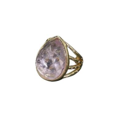 Imagem de DWBPGVUN Joias de pedras reais ametista roxa facetada em forma de trilhão anel em forma de lágrima anéis banhados a ouro ajustáveis para presentes femininos