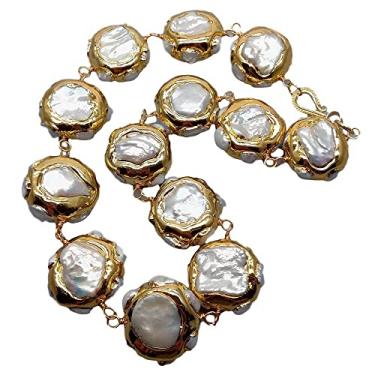 Imagem de DWBPGVUN Colar gargantilha banhada a ouro com pérola Keshi branca cultivada em água doce estilo hipérbole de 49,5 cm para mulheres