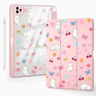 Imagem de BlHMCASE Linda capa Kawaii, laço gatinho, flor de cerejeira para iPad Air, 13 polegadas, M3 2025/M2 2024, com suporte para lápis, hibernar/despertar automático, capa traseira de acrílico transparente
