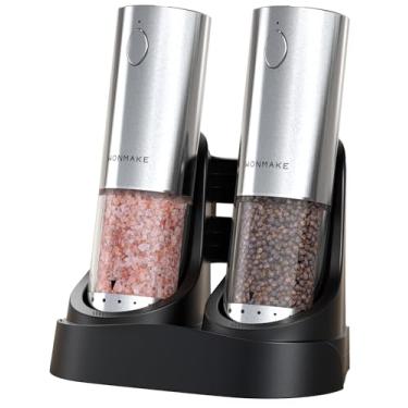 Imagem de Conjunto elétrico de moedor de sal e pimenta – Moedores de sal e pimenta recarregáveis automáticos com base de carregamento e luz LED, grossura ajustável de 6 níveis com mostrador externo, utensílio