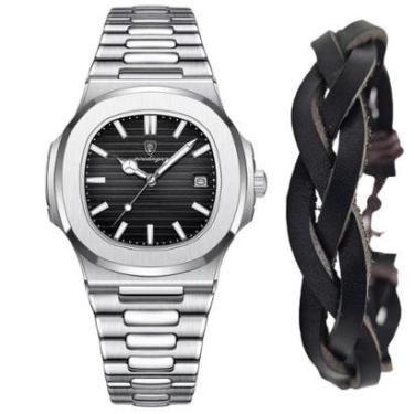 Imagem de Relógio Masculino Prateado Inox Old Money + Pulseira Couro-Masculino