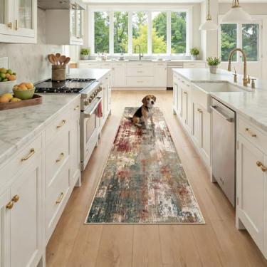 Imagem de RELEANY Tapetes laváveis 5 x 18 cm, modernos, abstratos, macios para sala de estar, entrada, quarto, berçário, estampado, marrom, ferrugem, vermelho, verde, azul, multi