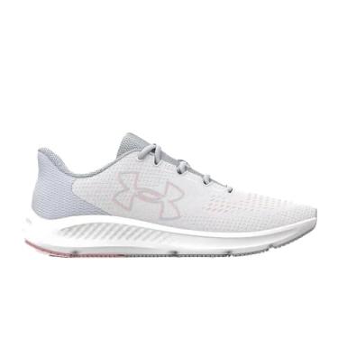 Imagem de Under Armour Tênis de corrida feminino com logotipo grande Charged Pursuit 3, (101) Branco/Cinza Halo/Rosa Fizz, 41