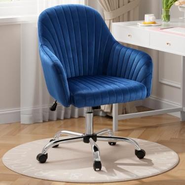 Imagem de Warmiehomy Cadeira de escritório moderna com rodas no meio do encosto estofado de veludo azul escuro para computador, estudo, sala de estar, maquiagem, escritório