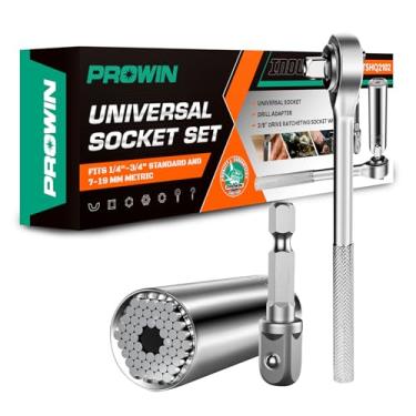 Imagem de 3 peças de catraca de chave de soquete universal Prowin (1/4 pol. - 3/4 pol.) Conjuntos de ferramentas úteis legais com adaptador de broca elétrica para homens presentes de dia dos pais totalmente polidos