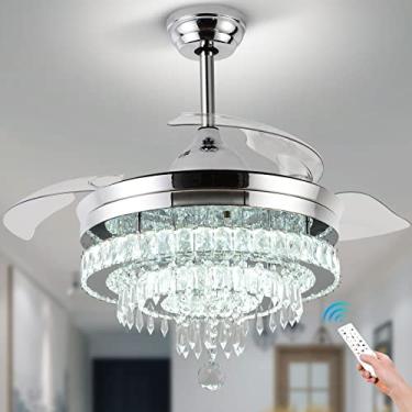 Imagem de Lustres reguláveis de 106.7 cm Lustres de cristal modernos ventiladores de teto 6 velocidades ajustáveis, com funções de memória e tempo, lustre de controle remoto para sala de estar, sala de jantar