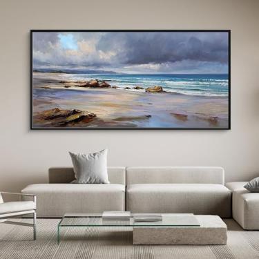 Imagem de yiijeah Arte de parede de praia grande paisagem tela azul costeira imagem horizontal arte para paredes oceano impressões grandes pinturas sala de estar quarto escritório decoração de casa 101 x 50