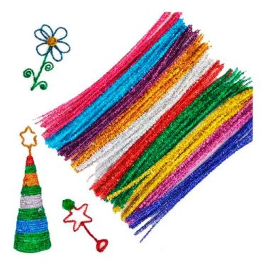 Imagem de Hastes Chenille Brilhantes Coloridas 6mm 30cm Kit 200 Unidades - Cabelo Maluco Para Artesanato, Escolar E Educação Infantil
