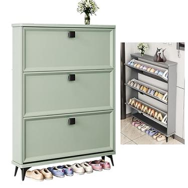 Imagem de Rack de armazenamento de sapatos fino para entrada – Armário de sapatos independente com organizador oculto, armário de sapatos de madeira para corredor de entrada