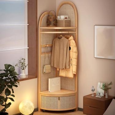 Imagem de Árvore de canto de vime com ganchos – Rack de roupas independente, cesta de armazenamento com rolos, artesanato em vime PE, organizadores elegantes de cor de madeira para entrada e quarto