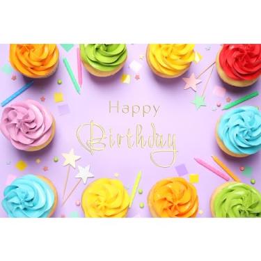 Imagem de Pano de fundo de feliz aniversário colorido cupcakes de aniversário em lilás fundo fotográfico deliciosos cupcakes texto feliz aniversário em cenários lilás festa meninas decorações foto adereços 1,5