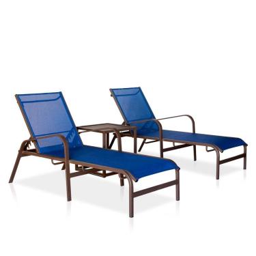 Imagem de Kit 2 Espreguiçadeiras De Alumínio + 1 Mesinha Lateral Para Piscina, Hotel - Marrom E Tela Azul