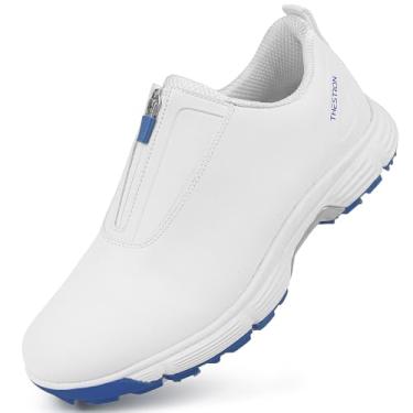 Imagem de Ifrich Novo tênis masculino de golfe masculino spikes tênis de golfe sem cadarço com zíper caminhada tênis esportivo treinamento tênis de golfe para homens, Branco, azul, 46