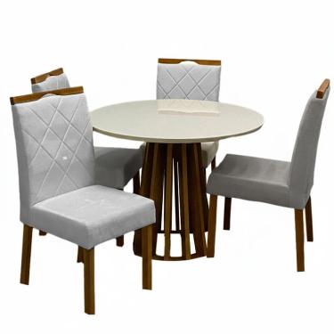 Imagem de Mesa de Jantar Berlim 100cm Redonda com Vidro e 4 Cadeiras California em Linho Estofadas Cel Móveis Cor Cinamomo Off White com Tecido Cinza