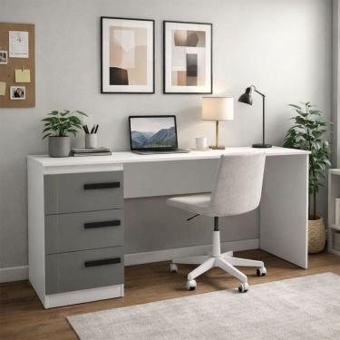 Imagem de Mesa para Escritório Lisboa 3 Gavetas Cinza/Branco - Politorno