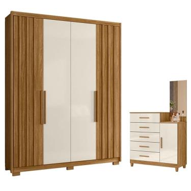 Imagem de Guarda Roupa Solteiro e Cômoda Califórnia Lisboa 4 Portas de Bater 8 Gavetas MDP com Espelho Freijó Off White