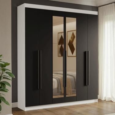 Imagem de Guarda Roupa Casal Venus 6 Portas Batentes com Espelho MDP Branco-preto