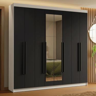 Imagem de Guarda Roupa Casal Saturno 8 Portas Batentes MDP com Espelho Branco-Preto-Preto Madesa