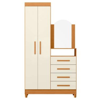 Imagem de Guarda Roupa Solteiro com Cômoda Capri 2 Portas de Bater 4 Gavetas em MDP com Espelho Cinamomo-off White