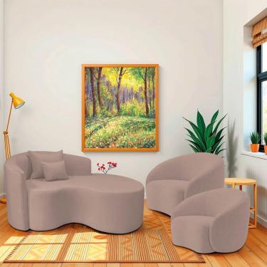 Imagem de Kit Recamier Curvo Sala De Estar Inglaterra 150cm Lado Direito E 2 Poltronas Orgânica Luxo Amore Linho Rosê