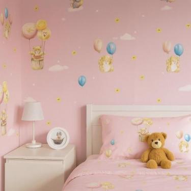 Imagem de Papel De Parede Vinilico Ursinho Baloeiro Rosa Rolo 0,53x10m Vinil PVC