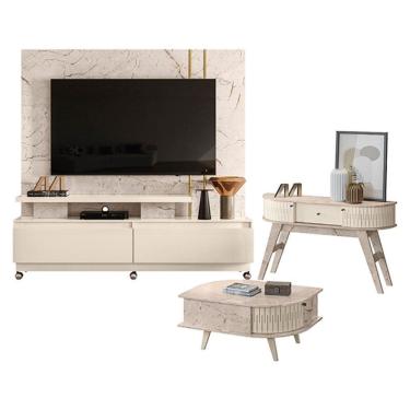 Imagem de Estante Home Theater New Apolo com Rodízios com Aparador Estoril e Mesa de Centro Indianápolis Calacata Off White – Madetec