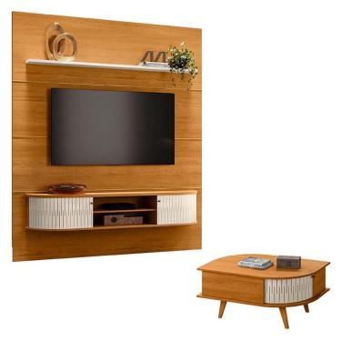 Imagem de Estante Home Theater com Bancada Suspensa Bugatti com Mesa de Centro Indianápolis Cinamomo Off White – Madetec