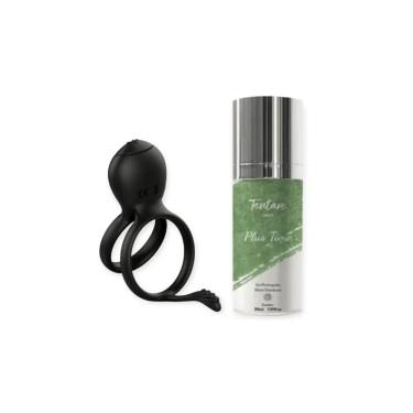 Imagem de Anel Peniano Duplo com Estimulador Clitoriano Vibratório em Silicone e ABS Preto Kit com Gel Prolongador Love Toys