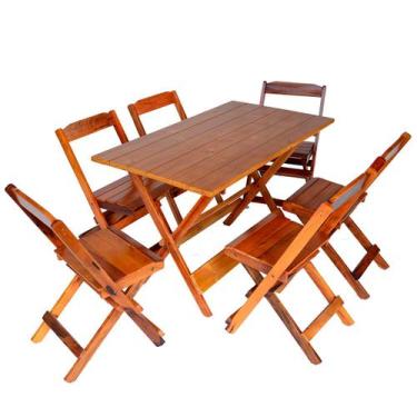 Imagem de Jogo Conjunto 1 Mesa 120x70 e 6 Cadeiras Bar Dobrável em Madeira - Com