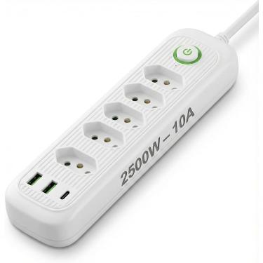 Imagem de Régua De Energia Com 5 Tomadas + Usb + Tipo-c - Cabo 2m - Filtro De Linha - Bivolt Automático - Ideal Para Home Office,