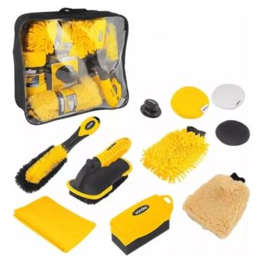 Imagem de Kit de Lavagem Automotiva 10 Peças com Escova Luva Esponja e Toalha Microfibra para Veículos Vonder