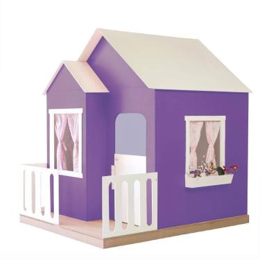 Imagem de Casinha de Brinquedo Infantil L12 com Janela Lateral Cortinas MDF Roxo Branco Gran Belo