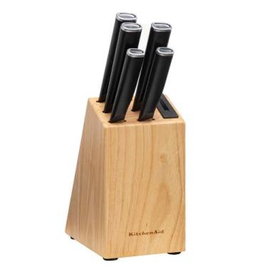 Imagem de Conjunto 5 Facas Forjadas KitchenAid com Cepo Madeira Jogo Facas Cozin