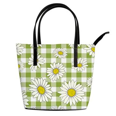 Imagem de Bolsa de ombro para mulheres coloridas, verde, flor de camomila de couro, bolsa de trabalho grande casual