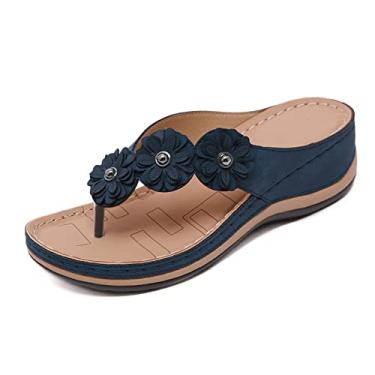 Imagem de Chinelo feminino plataforma baixa, sandália com clipe de dedo no dedo do pé sandália com tira traseira de verão praia piscina escorregadores sem salto com sola macia de flor, azul, 39
